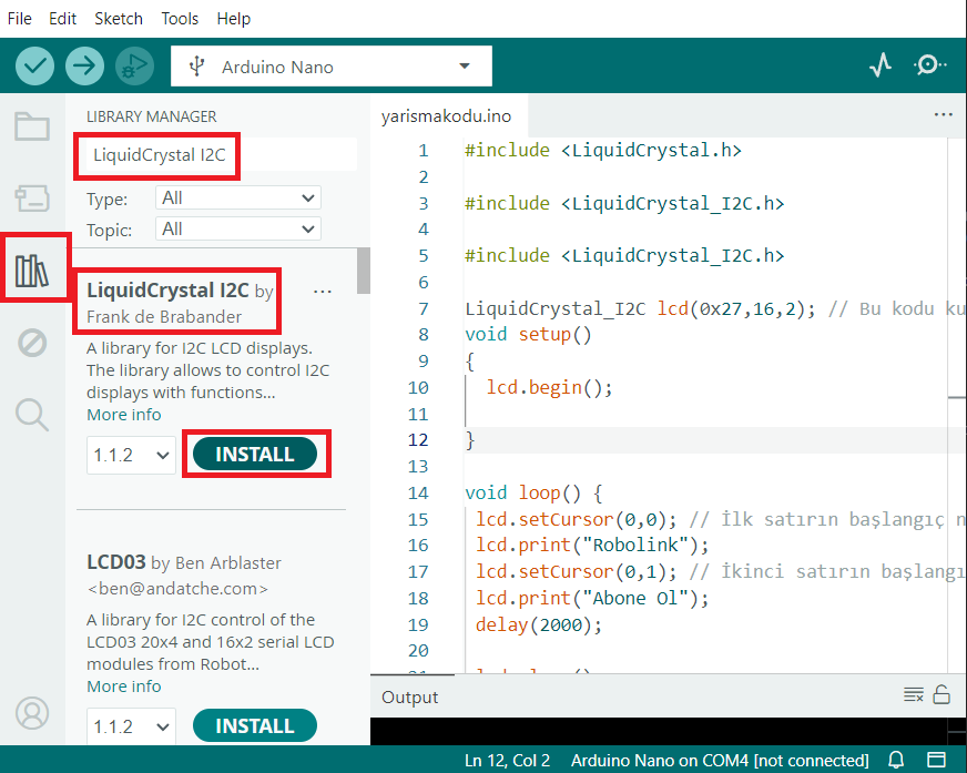 LiquidCrystal_I2C kütüphane